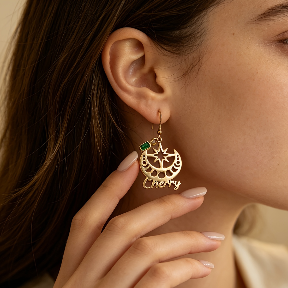 Personalized Moon Star Earrings with Custom Name and Green Zirconia